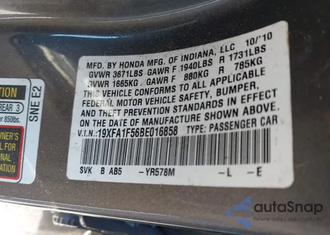 2011 Honda Civic Lx from USA, damaged, VIN 19XFA1F56BE016858